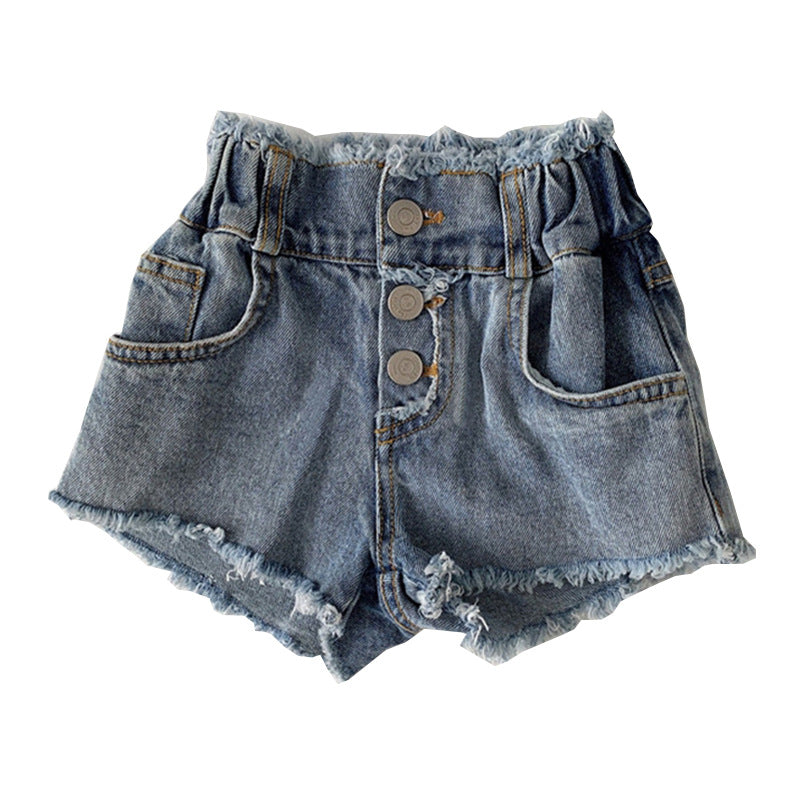 High waisted washed frayed slightly elastic denim shorts