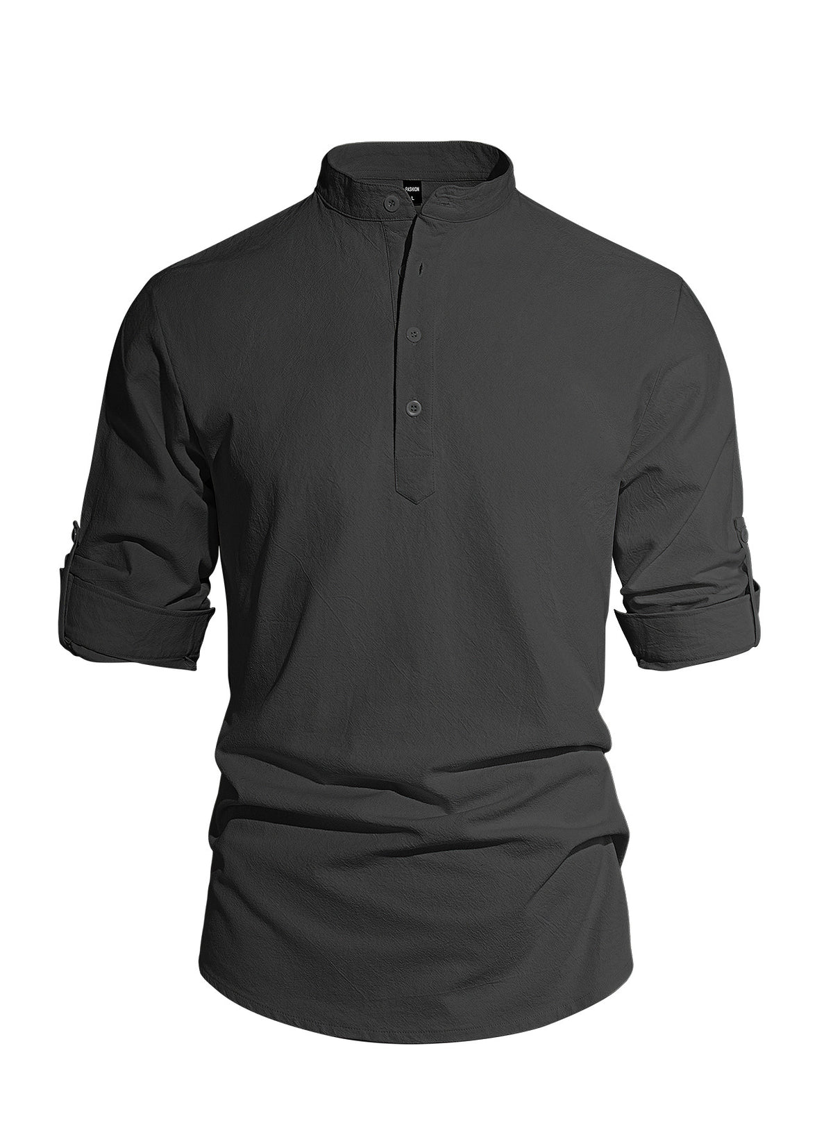 Men's Cotton Linen Henley Collar Solid Color Lightweight Long Sleeve Button-Down Shirt