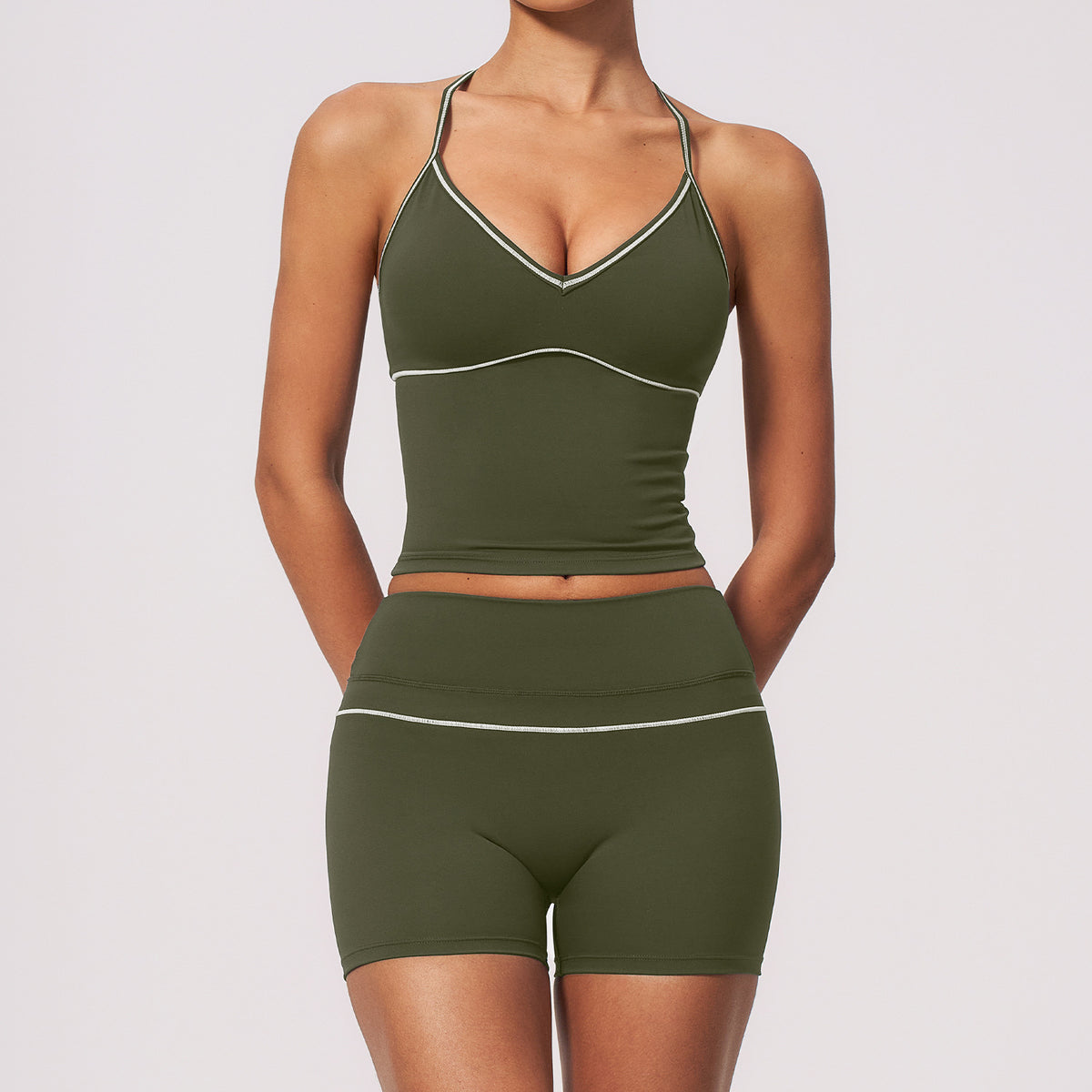 New Fleece Color-Blocking Activewear Set V-Neck Halter Waist-Tightening High-Waisted Outdoor Fitness Yoga Wear for Women