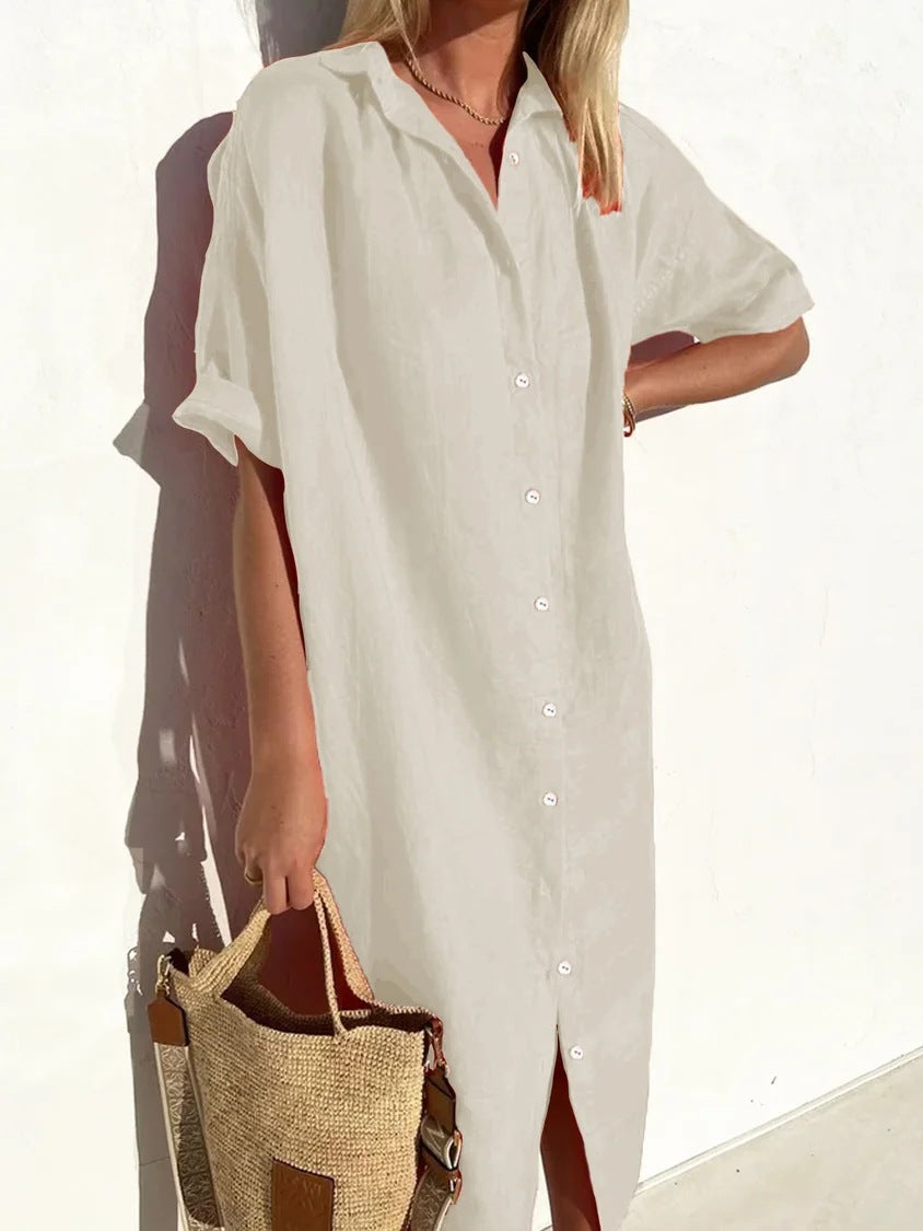 Loose Short Sleeve Button-Up Dress for Women