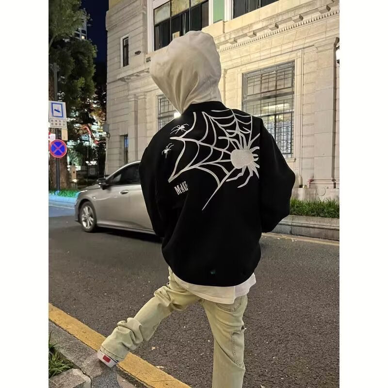 Spider Web Embroidery Jacket, Casual Streetwear Outerwear