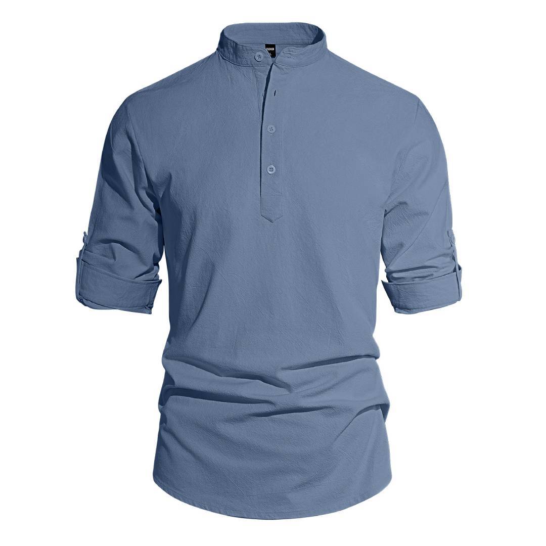 Men's Cotton Linen Henley Collar Solid Color Lightweight Long Sleeve Button-Down Shirt