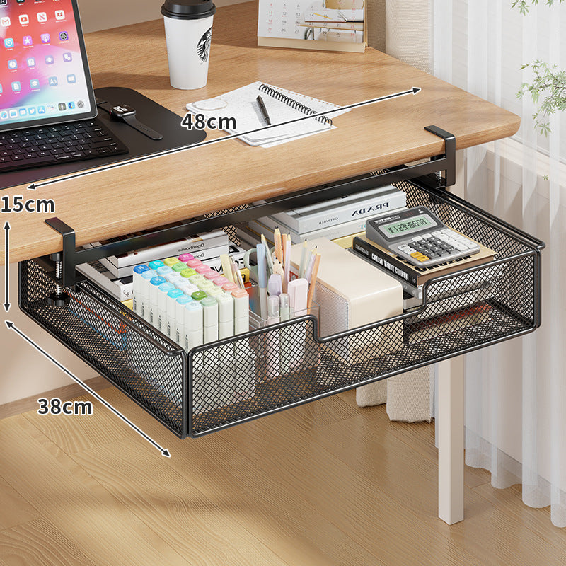 Desktop Drawer Organizer, Under-Desk Hanging Storage Box, Iron Mesh Office Supply, Long Rectangle Design, Chinese Style