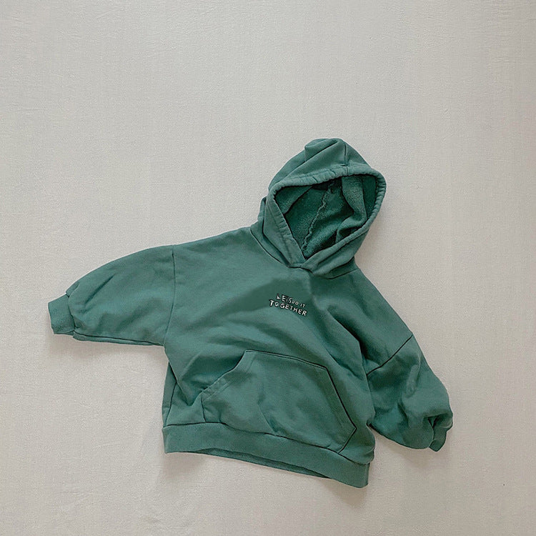 Loose letter pocket hooded cotton long sleeved t-shirt