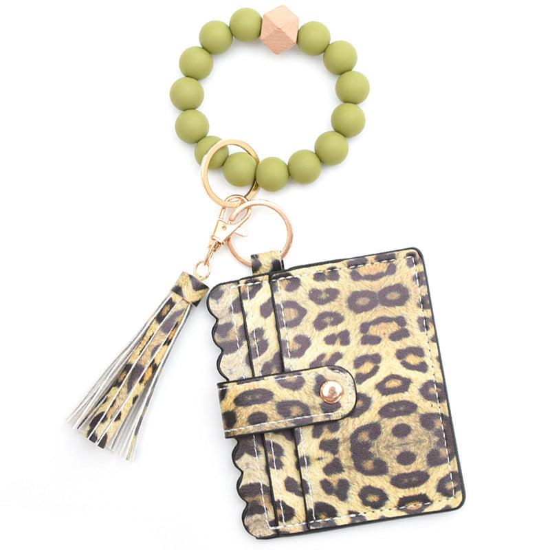 Colorful Silicone Bead Bracelet Card Holder PU Tassel Women's Wallet Keychain Silicone Beaded Bracelet