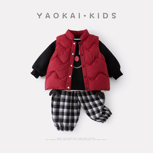 Thickened Vest Set for Toddlers and Babies, Boys' Outerwear with Fleece Hoodie and Pants