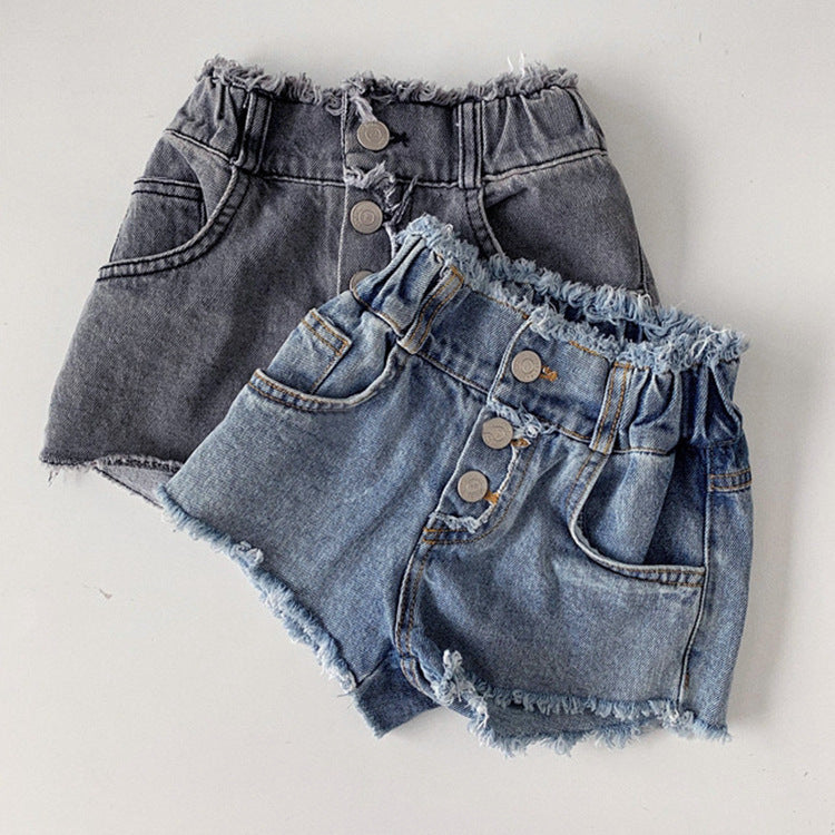 High waisted washed frayed slightly elastic denim shorts