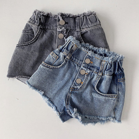High waisted washed frayed slightly elastic denim shorts