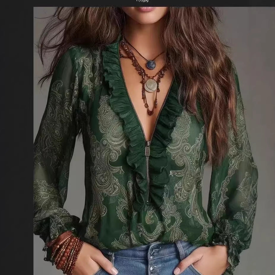 Romantic Boho Deep V-Neck Paisley Ruffle Chiffon Shirt