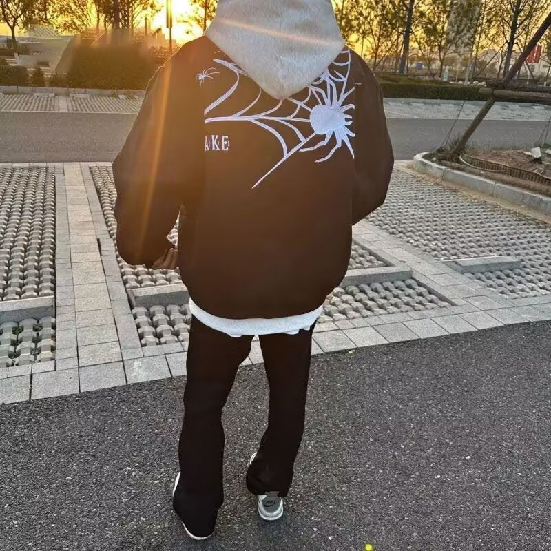 Spider Web Embroidery Jacket, Casual Streetwear Outerwear