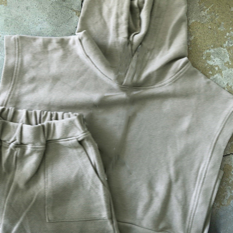 Casual sports loose solid color hooded short sleeved shorts set