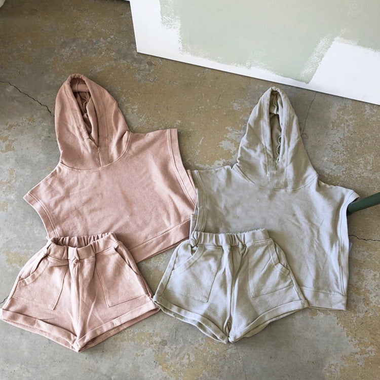 Casual sports loose solid color hooded short sleeved shorts set