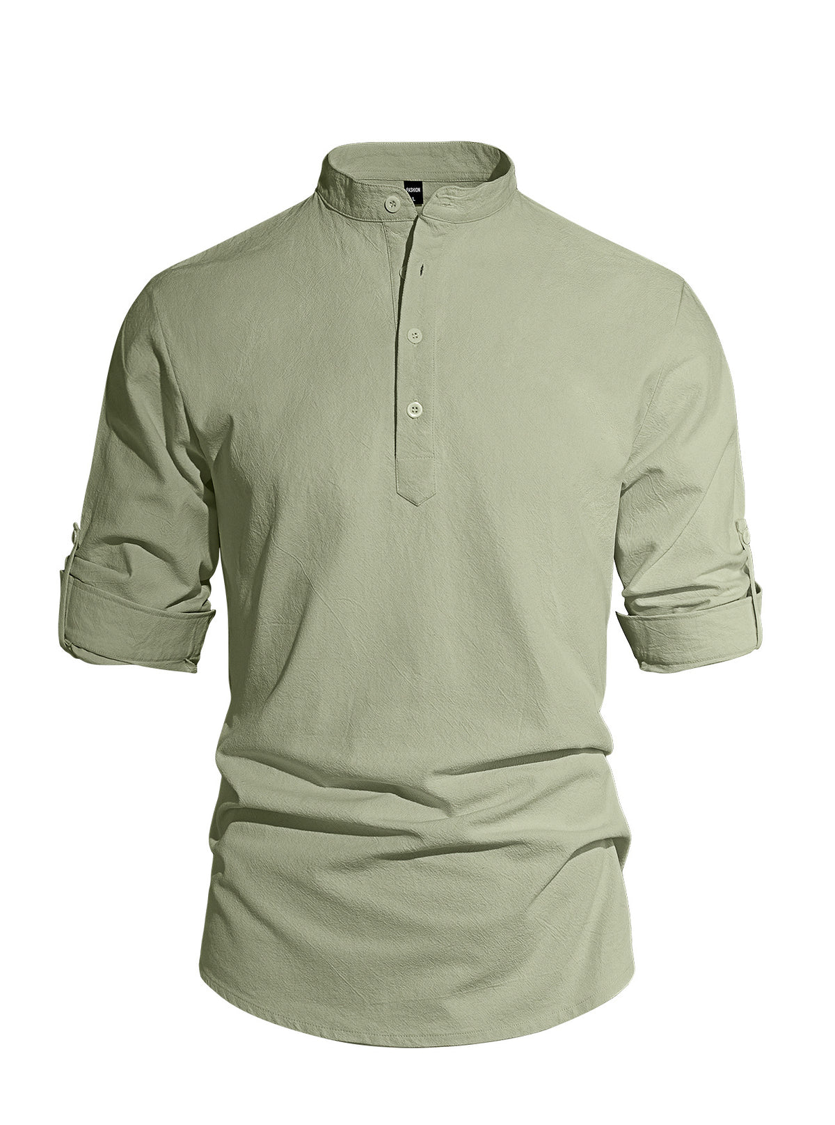 Men's Cotton Linen Henley Collar Solid Color Lightweight Long Sleeve Button-Down Shirt