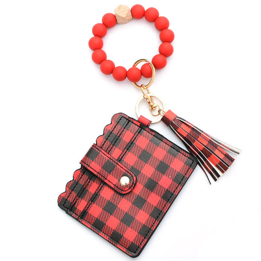 Colorful Silicone Bead Bracelet Card Holder PU Tassel Women's Wallet Keychain Silicone Beaded Bracelet