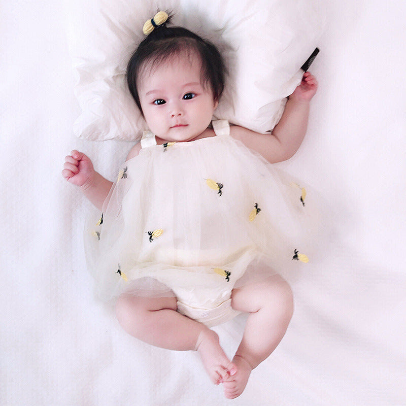 Stylish Baby Triangular Romper, Girl's Bodysuit with Straps and Mesh Skirt, Newborn Baby Crawling Suit