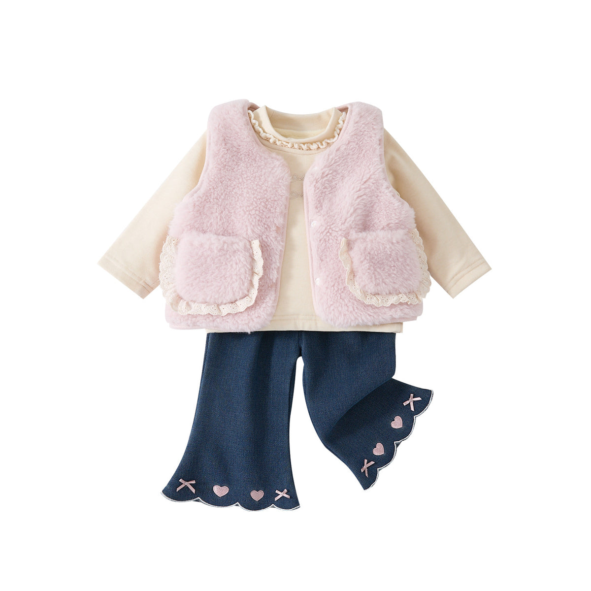 Fuzzy Outerwear Set for Baby Girls, Fleece Lined Cardigan with Bottoms and Flared Pants