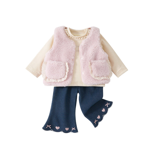 Fuzzy Outerwear Set for Baby Girls, Fleece Lined Cardigan with Bottoms and Flared Pants