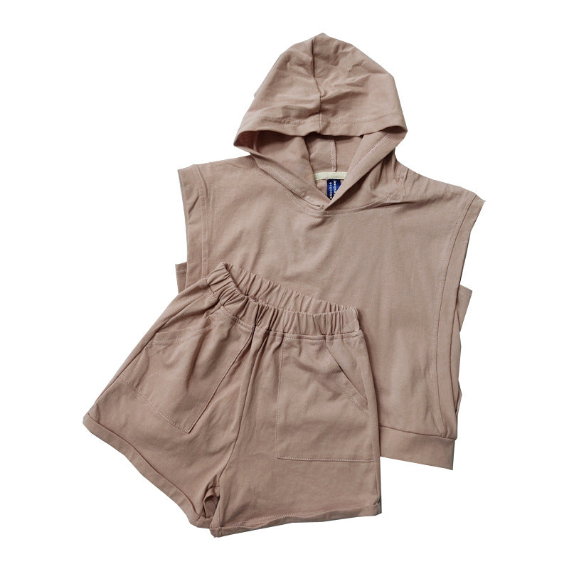 Casual sports loose solid color hooded short sleeved shorts set